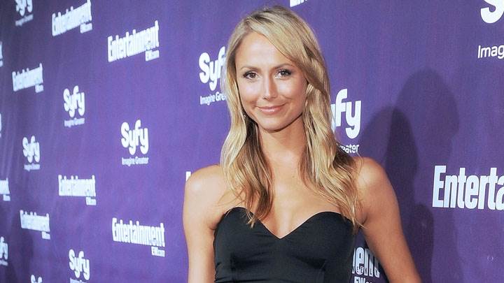 Stacy Keibler Smiling Wet Lips In Black Dress At Syfy Event